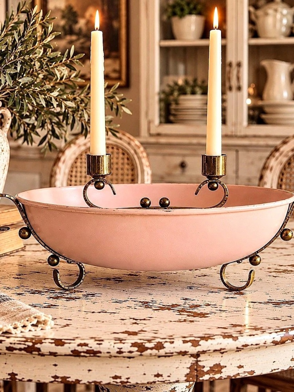 Mid Century Modern Enamel bowl w/brass Candle Holder.